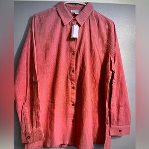 Appleseeds Womens Textured 100% Cotton Pink Button Up Blouse Long Sleeves M NWT